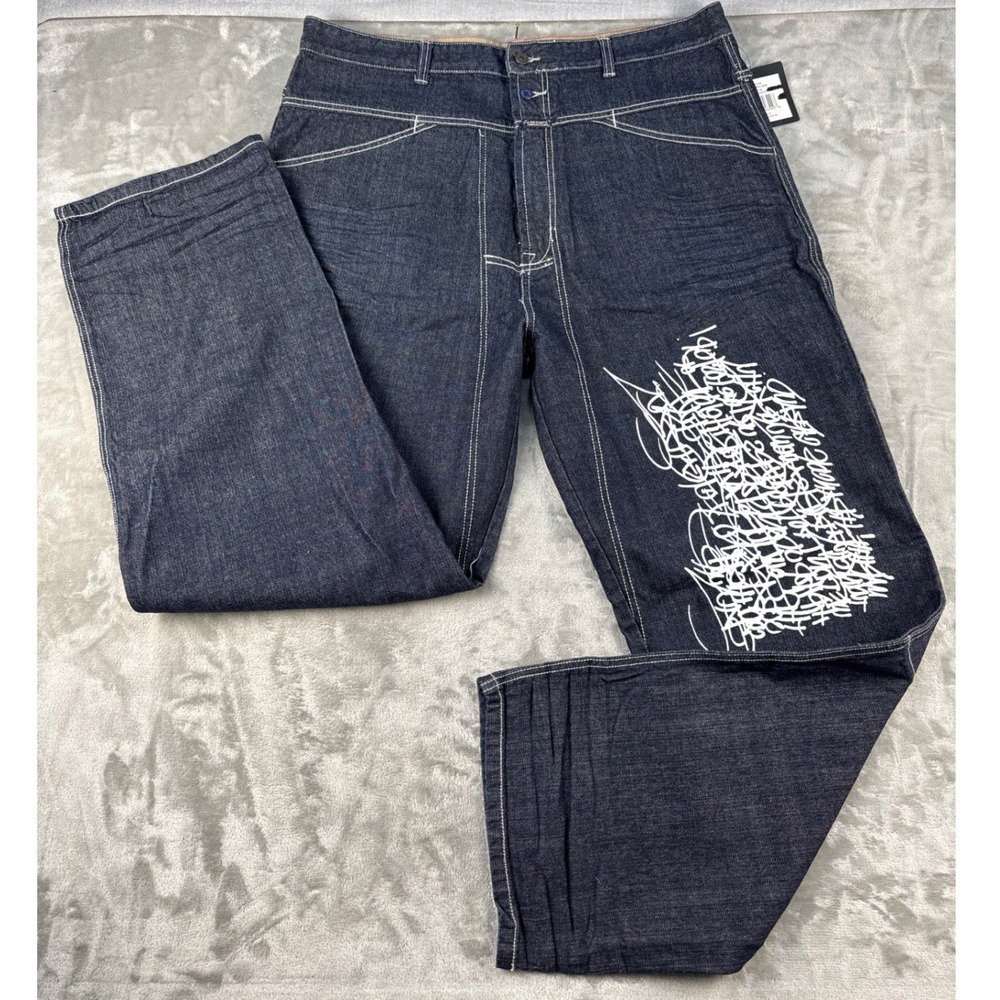 Marithe Francois Girbaud Indigo Baggy Graffiti Embroidered Jeans Mens 38 VTG
